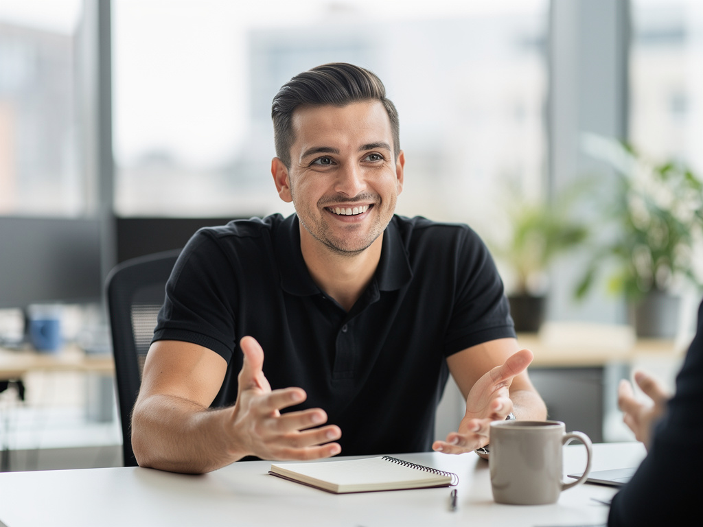 Business professional confidently engaging in assertive workplace conversation