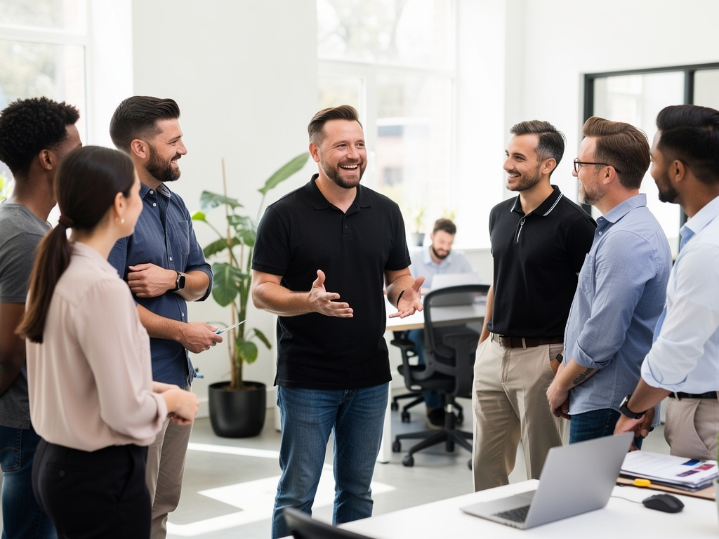 Confident professional demonstrates assertiveness in a lively UK office setting