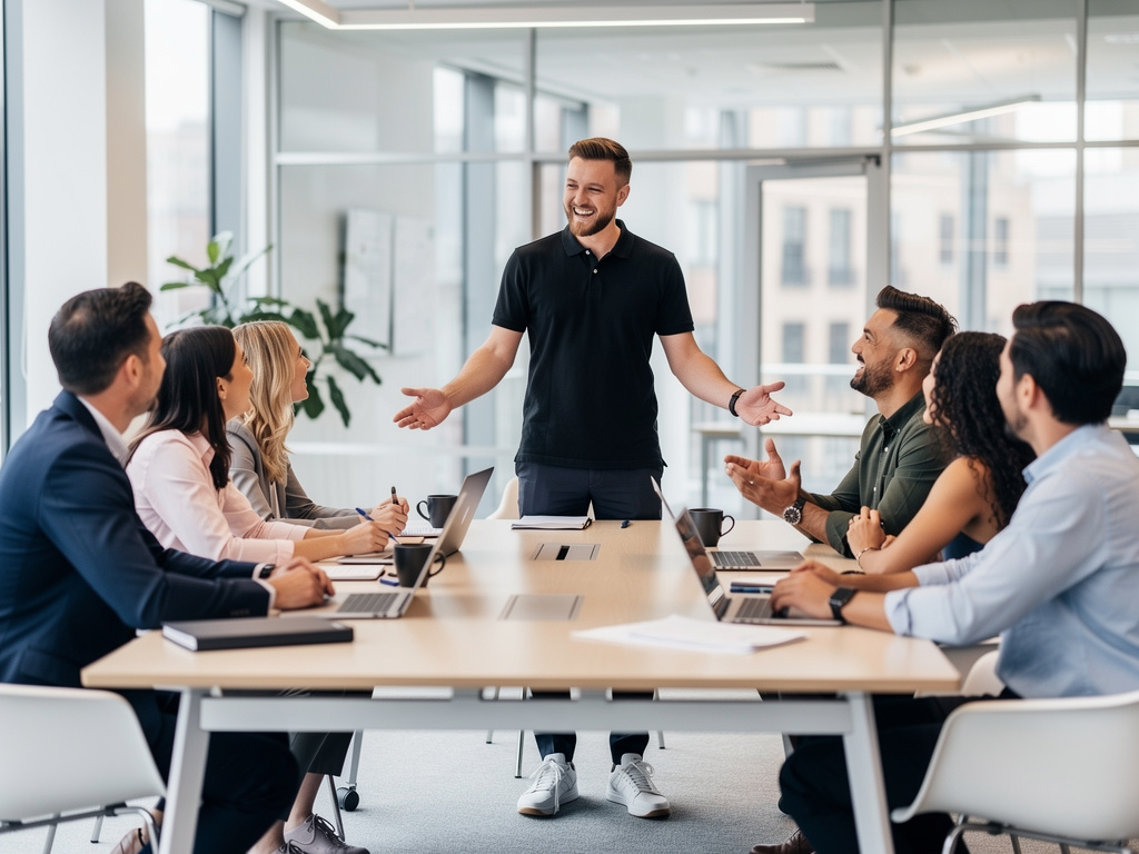 Team members collaborating around a table in a lively UK office