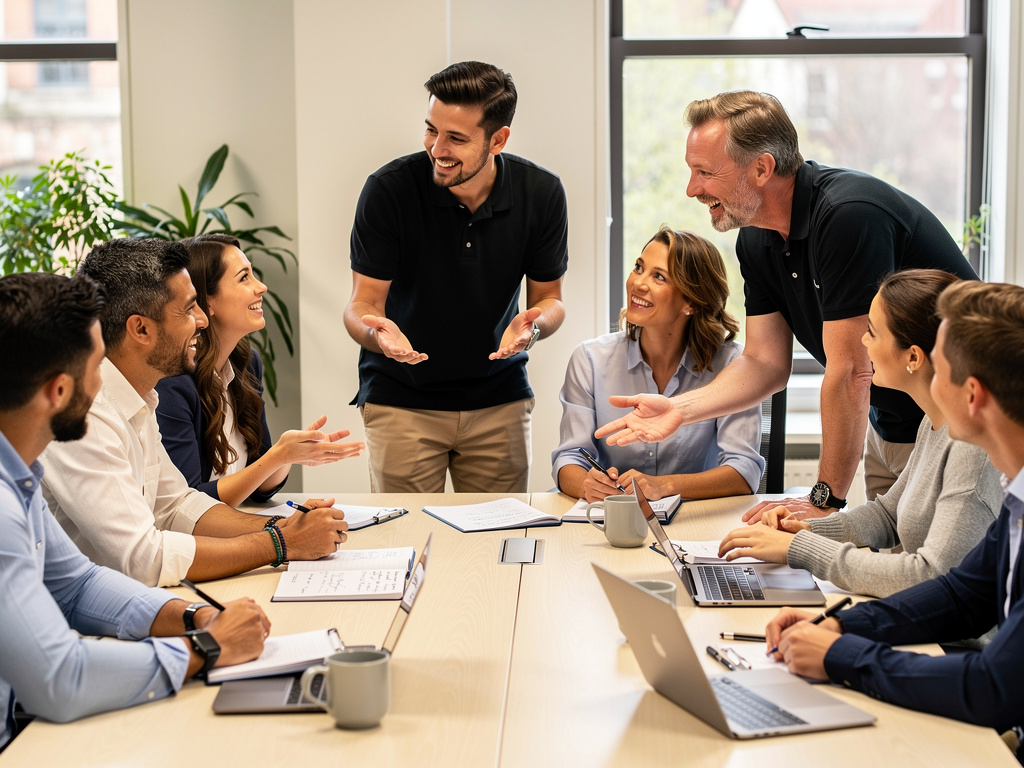 A group of UK office workers collaborating in a bright, modern office