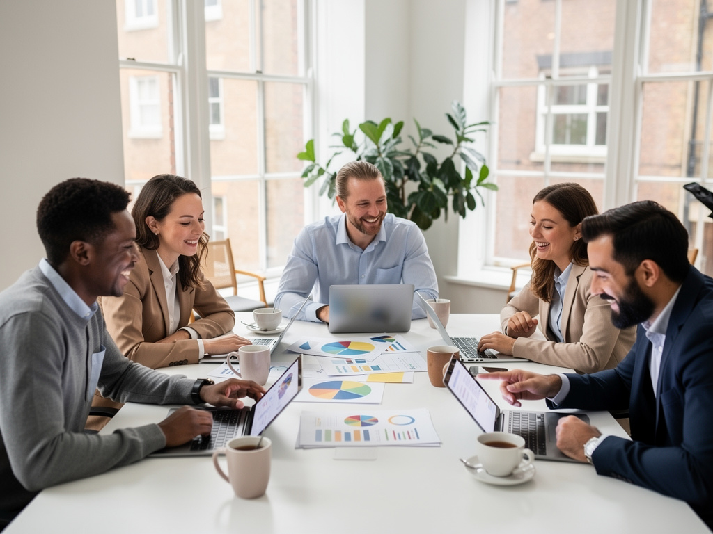 A team of business casual professionals collaborating cheerfully around a meeting table in a UK office