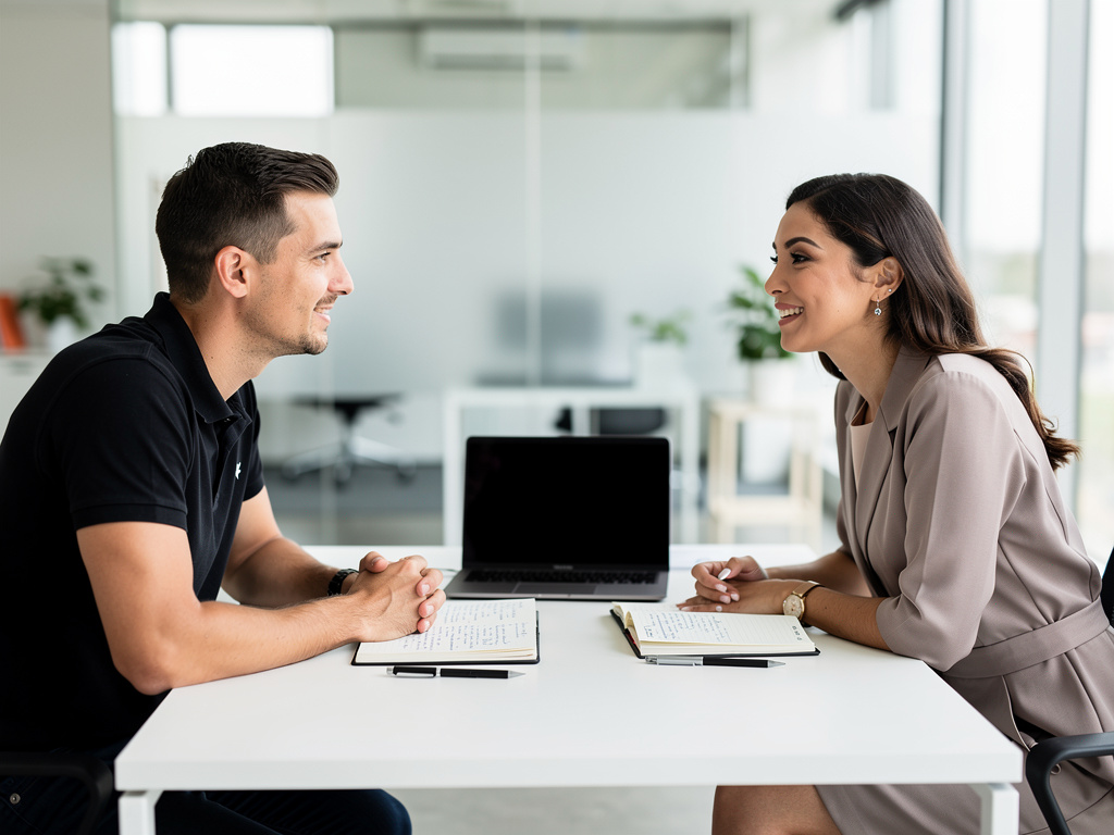 Two colleagues having a coaching conversation in a bright modern office