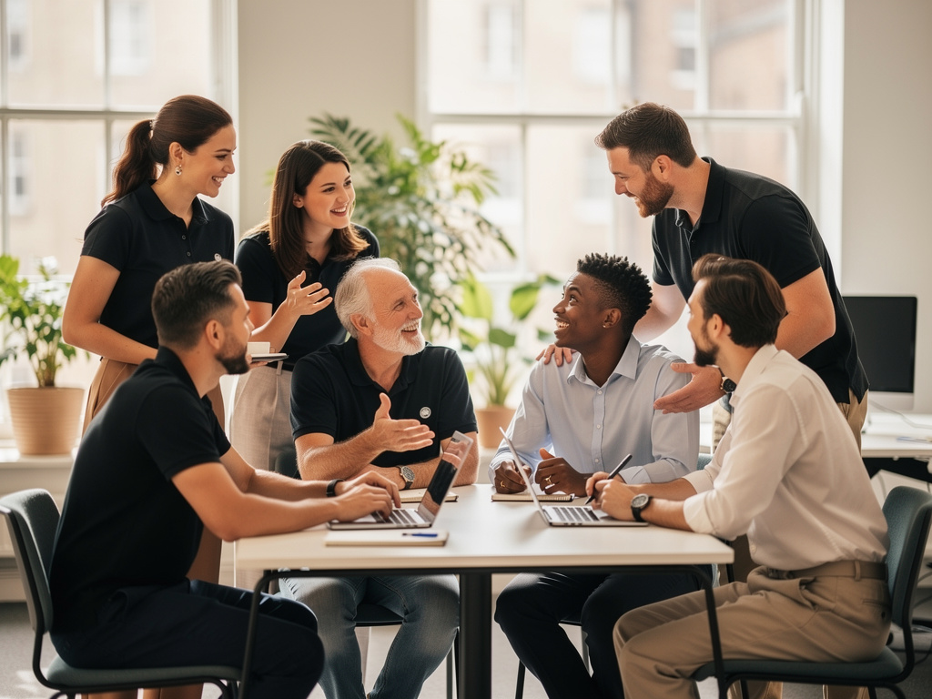 Colleagues communicating and sharing ideas in a UK office