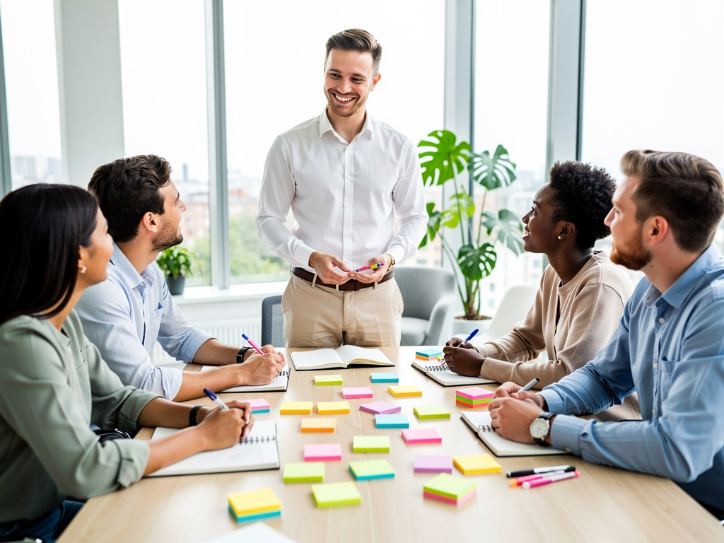 Team brainstorming creative solutions together in a meeting room