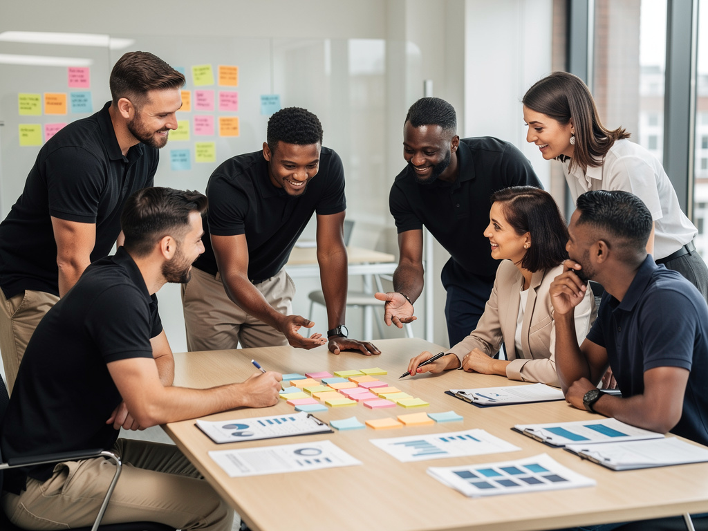A diverse UK workplace team making decisions together around a table