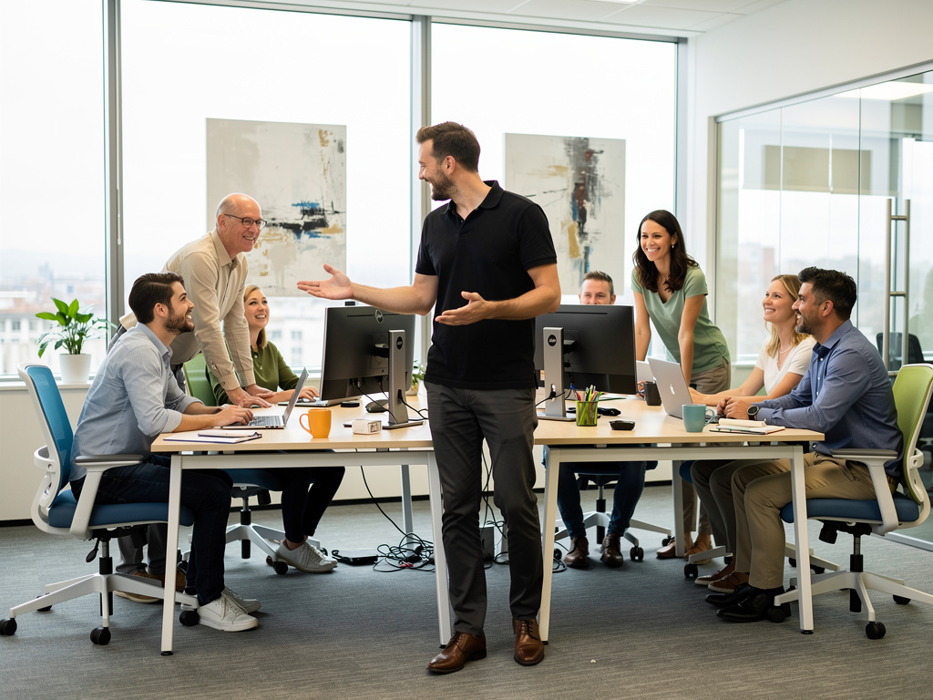 A confident manager delegating tasks to a team in a modern UK office