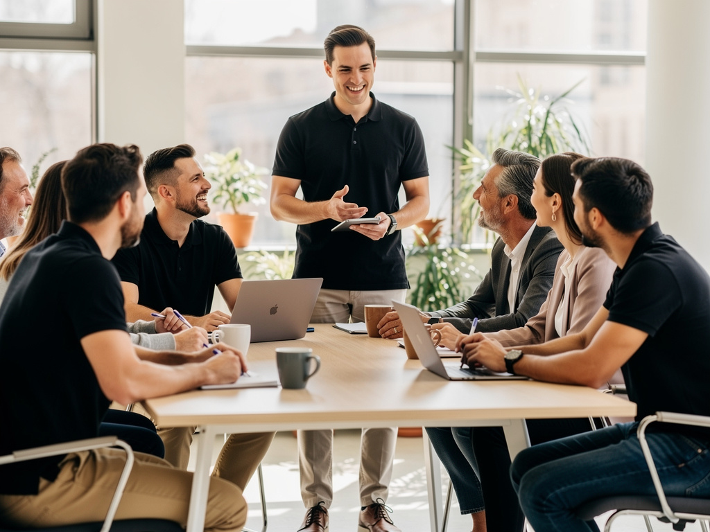 UK managers leading a lively team discussion in a cheerful office environment