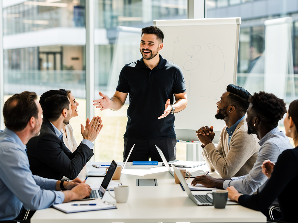 Confident facilitator leading lively meeting with UK office workers