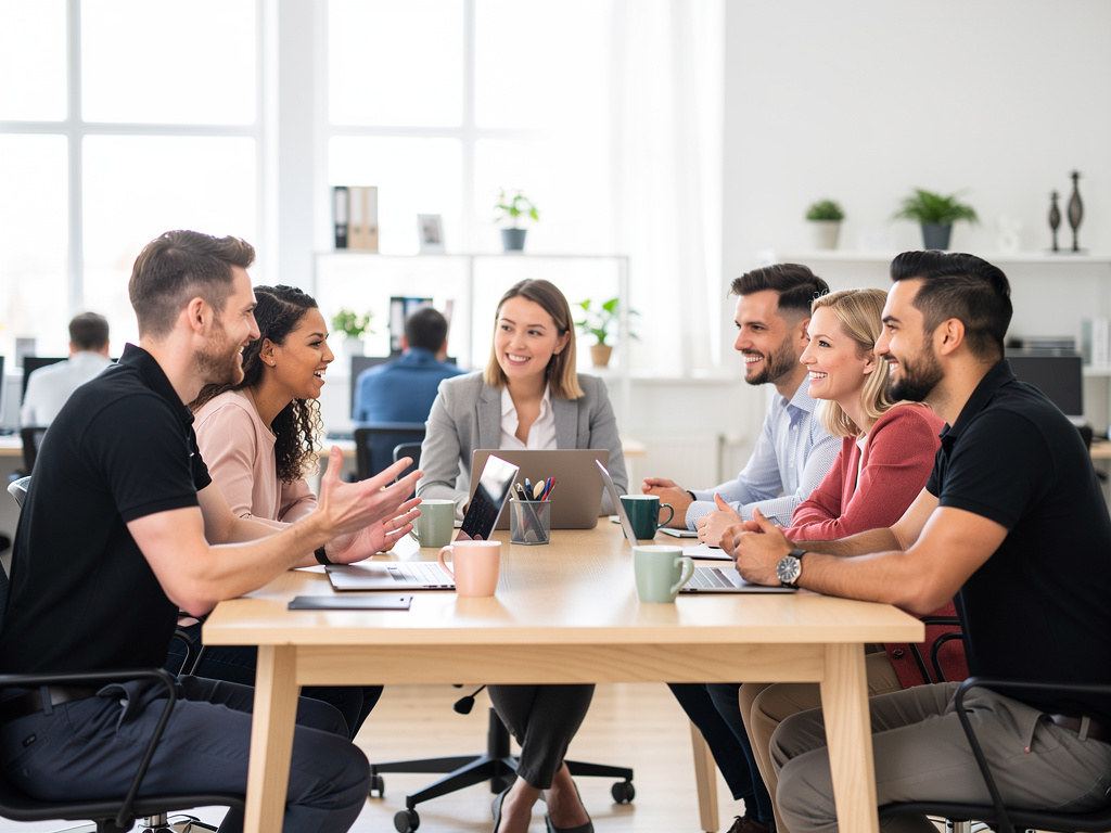 Colleagues working together to resolve conflict in a UK office meeting room