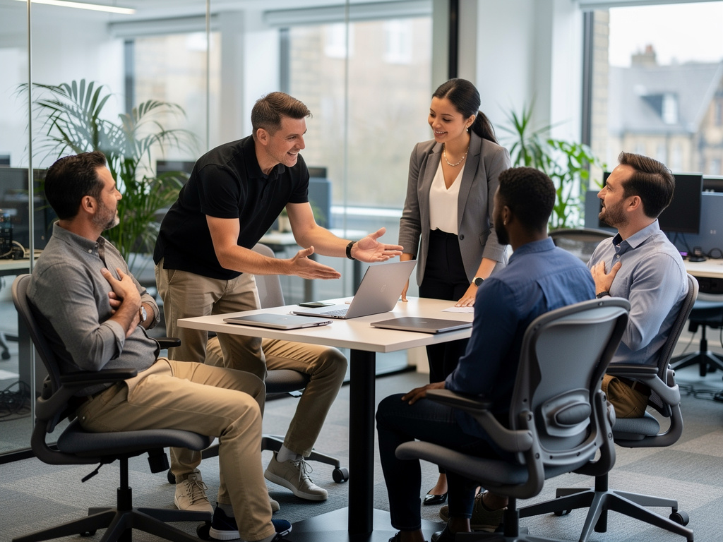 Team working together to resolve conflict in a UK office