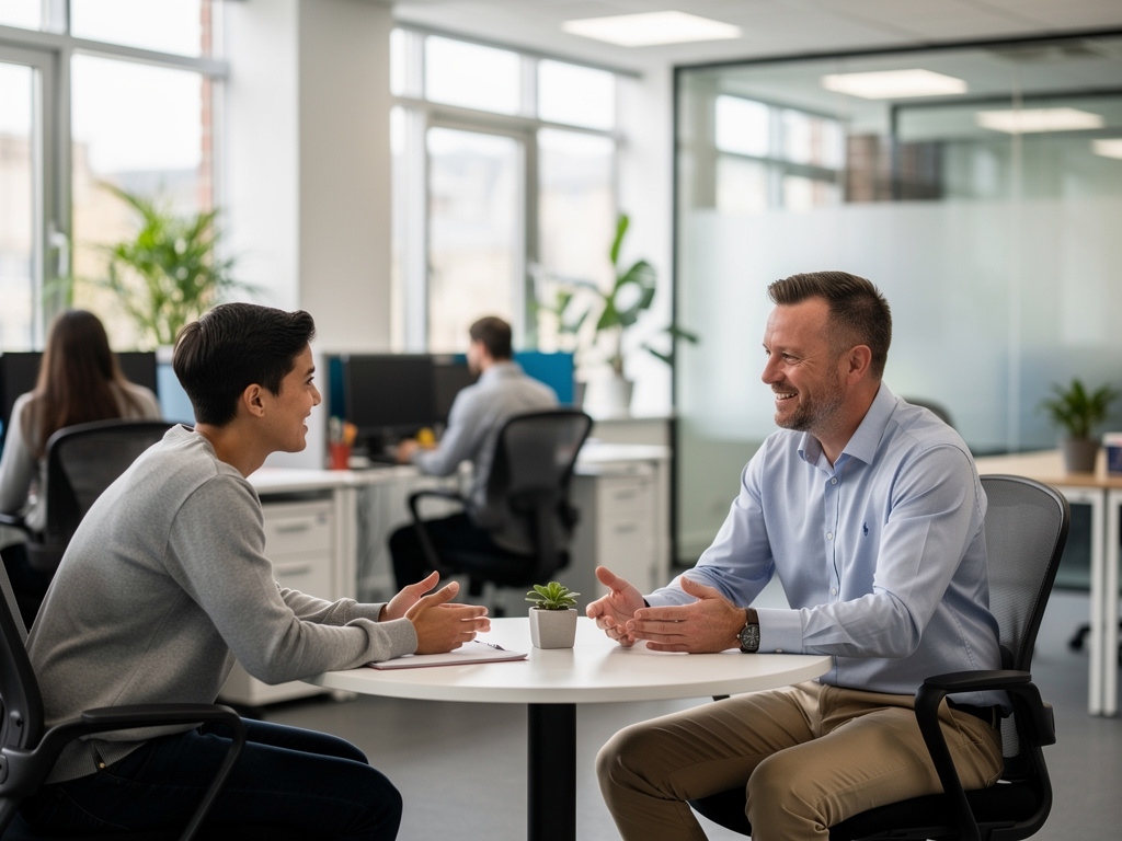 Manager and staff member having a supportive performance conversation in a modern UK office