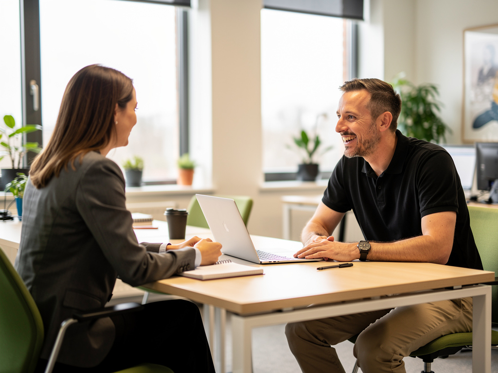 Manager giving supportive feedback to team member in a UK workplace