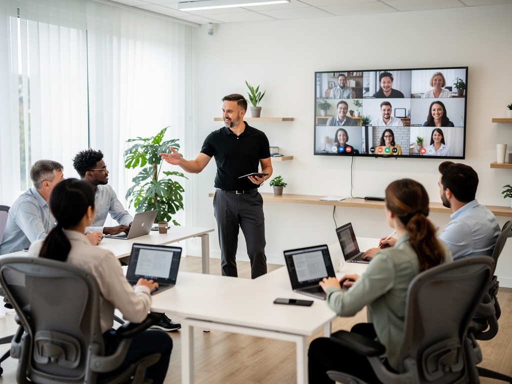 Manager engaging with a remote team via video call in a modern office setting