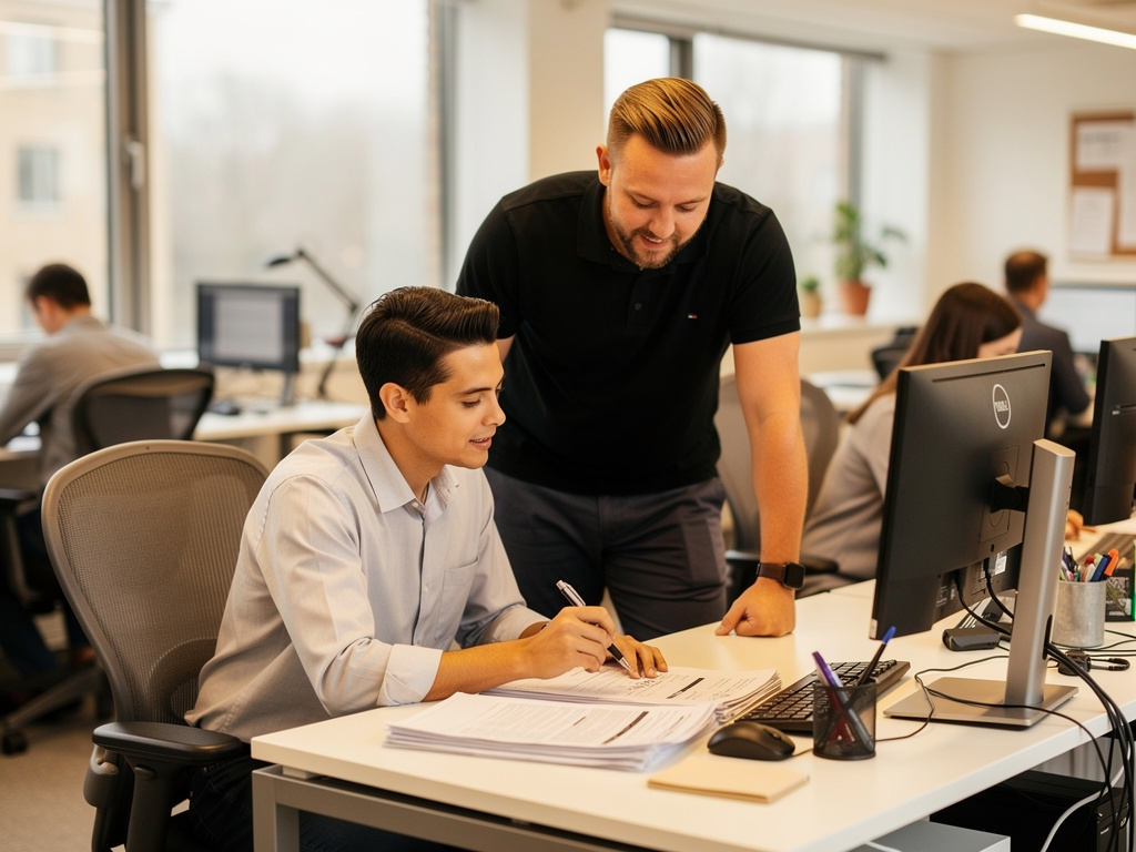 Trainer supporting employee at desk in UK office