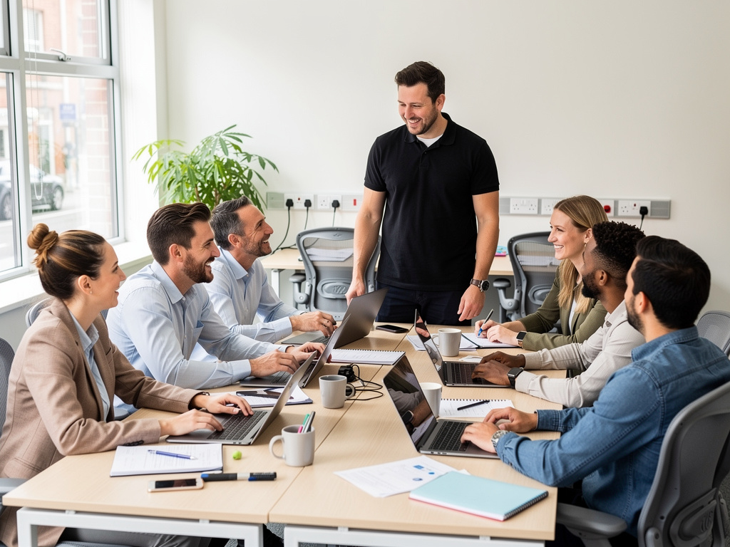 Motivated UK office team collaborating with energy