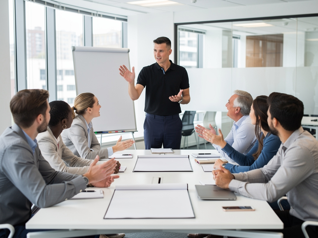A lively UK workplace team in a motivational training session led by a trainer in a black polo shirt