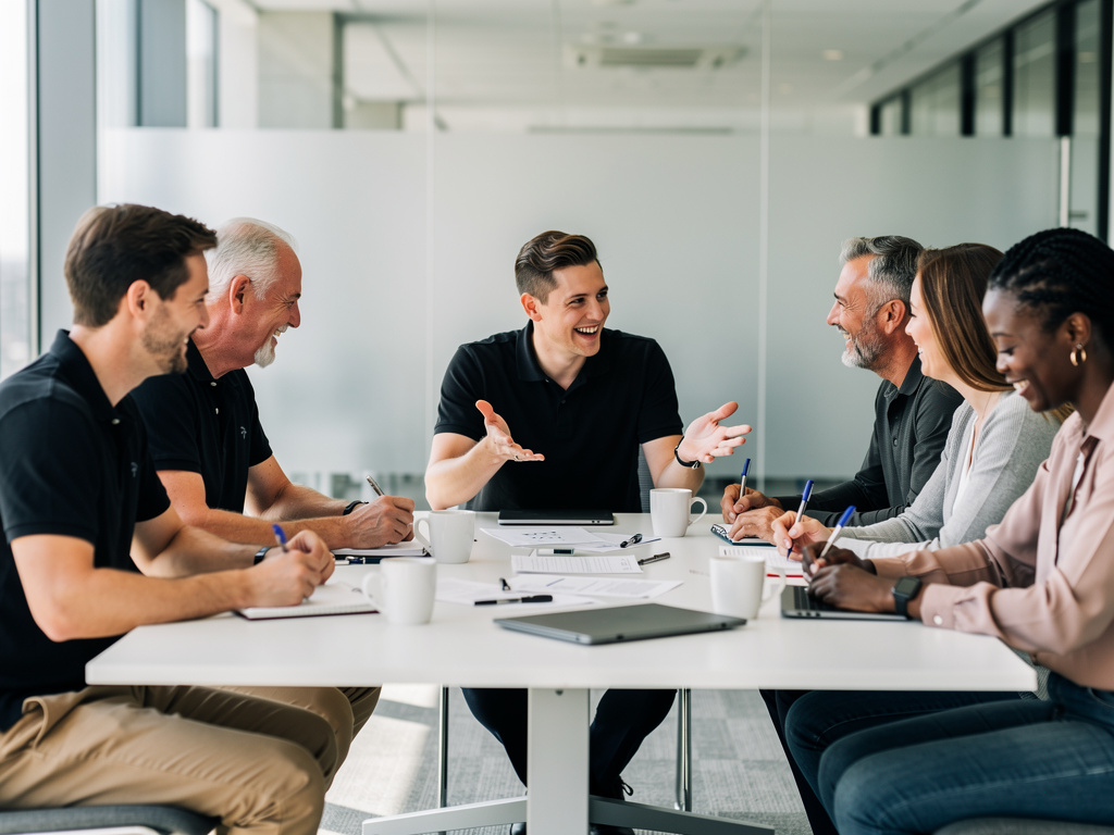 A cheerful UK team collaborating with their manager