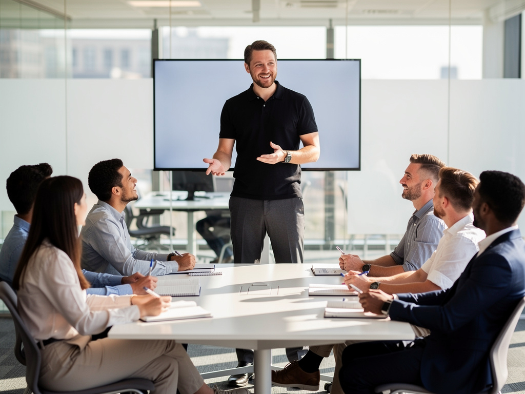 Confident UK workplace presentation in action