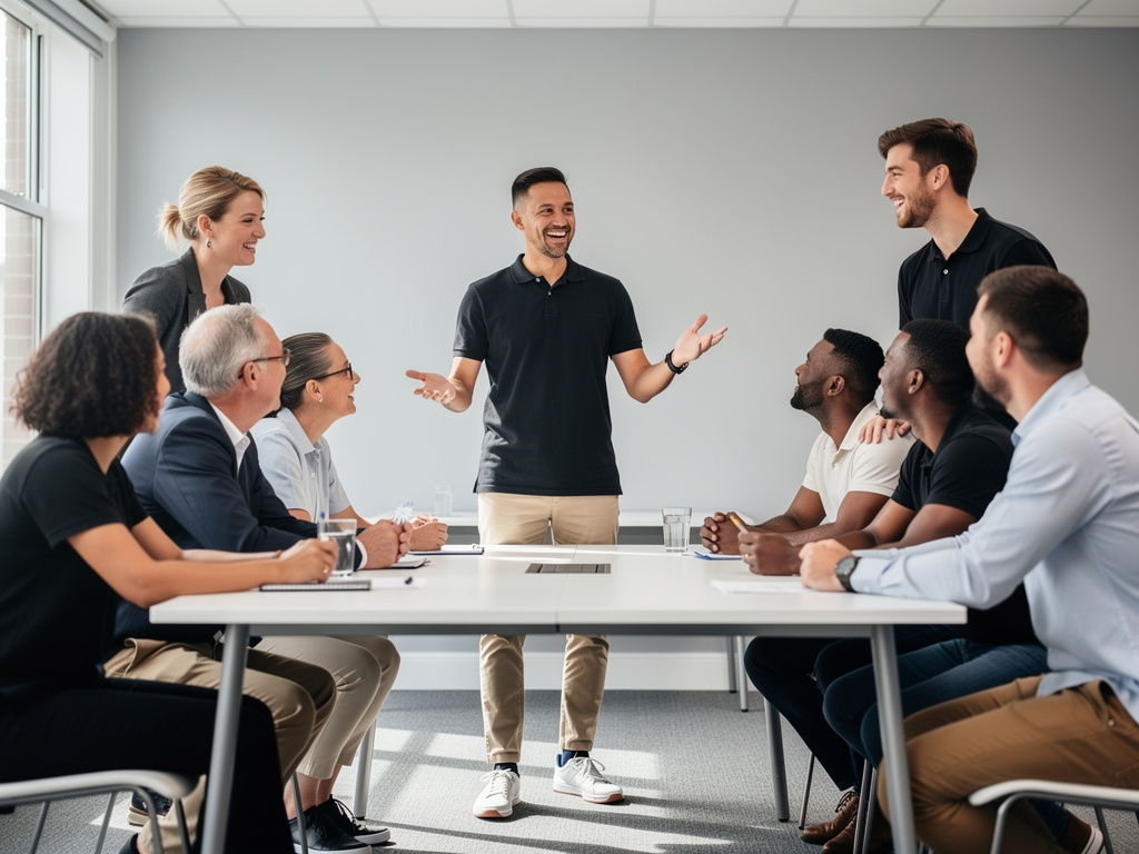 A lively UK workplace presentation scene with an engaging presenter and audience