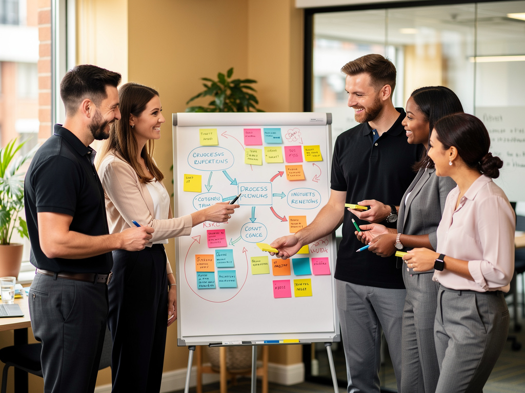 A group of professionals collaborating on process mapping in a lively UK office, with post-its and a colourful flipchart.