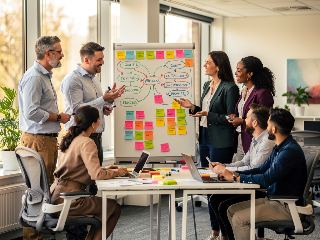 UK team collaborating on process mapping around a whiteboard
