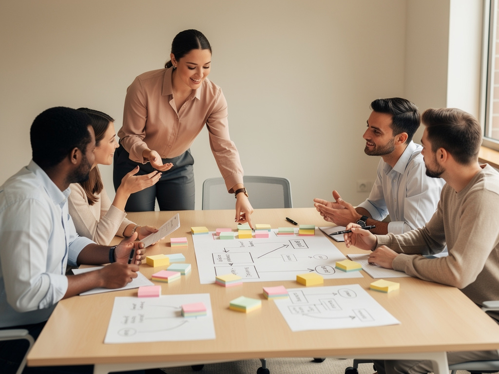 Colleagues collaborating with sticky notes and flowcharts during process mapping