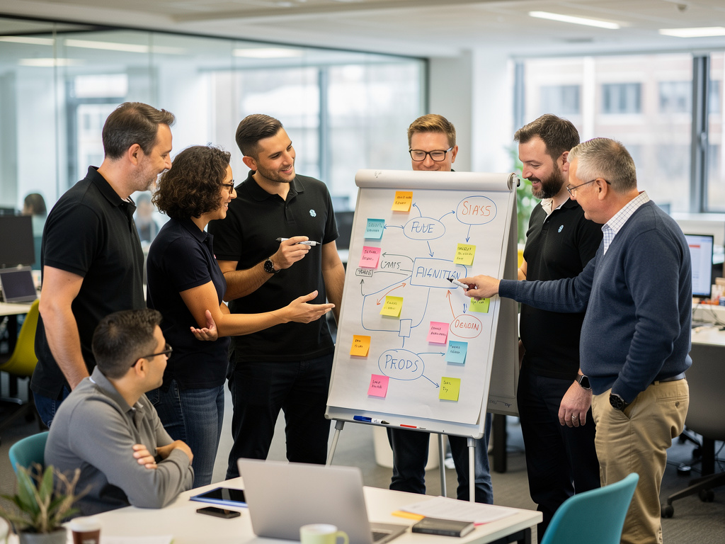 Team mapping out a process on a flipchart in a lively UK office