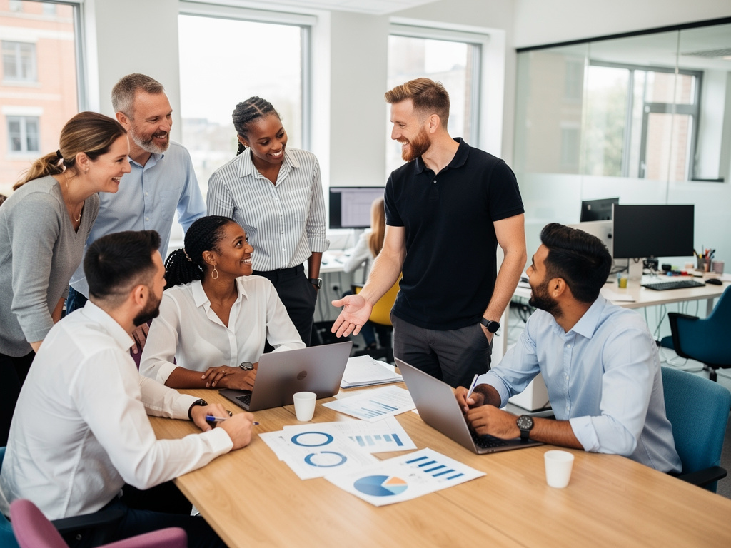 A lively UK office team collaborating around a project table