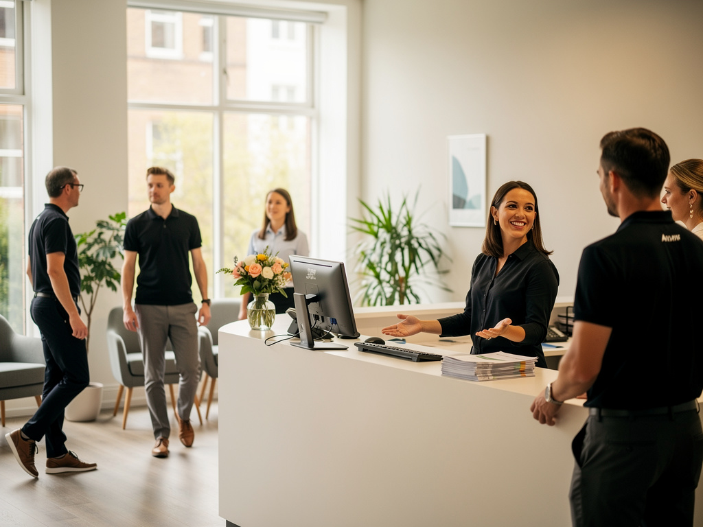 A cheerful UK receptionist welcoming a visitor at a modern, tidy front desk.