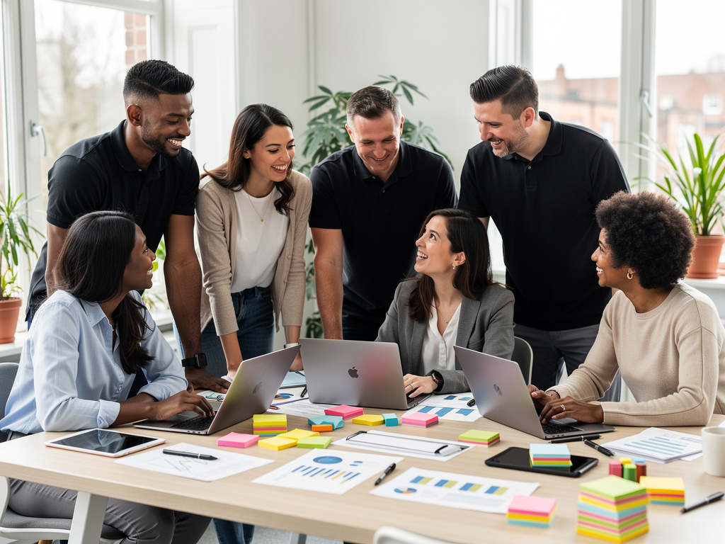 Team collaborating in a bright UK office