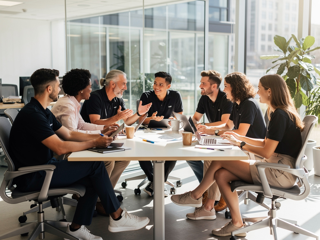Team of UK office workers collaborating around a table