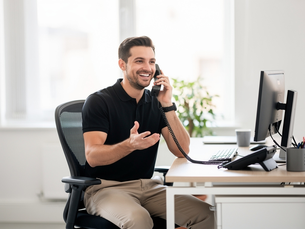 Confident professional making a phone call in a UK office setting