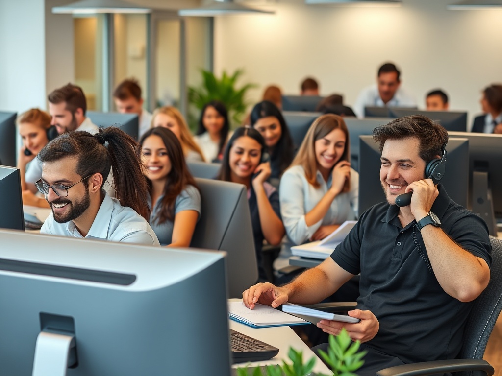 Confident UK telesales team at work