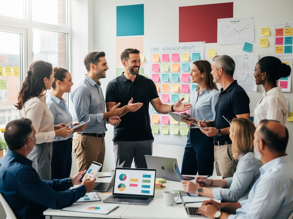 A vibrant office scene of diverse professionals using planners and sticky notes for time management