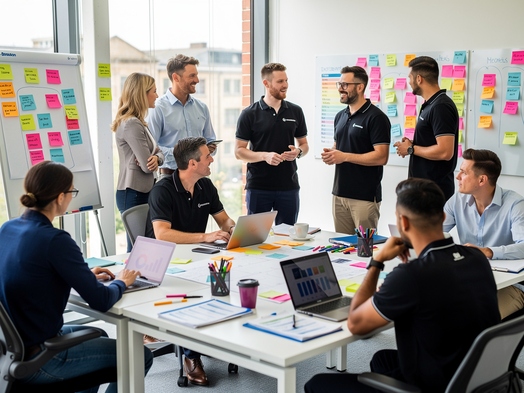 Team collaborating in UK office on time management tasks