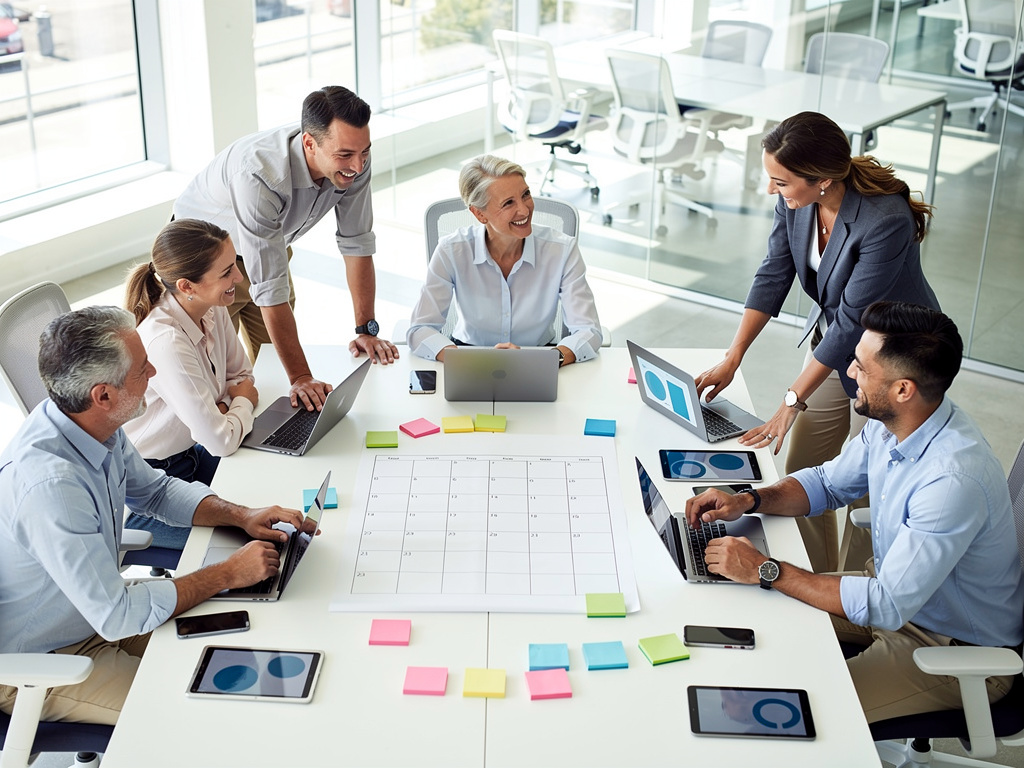 A group of professionals collaborating with calendars and sticky notes, showing time management in action