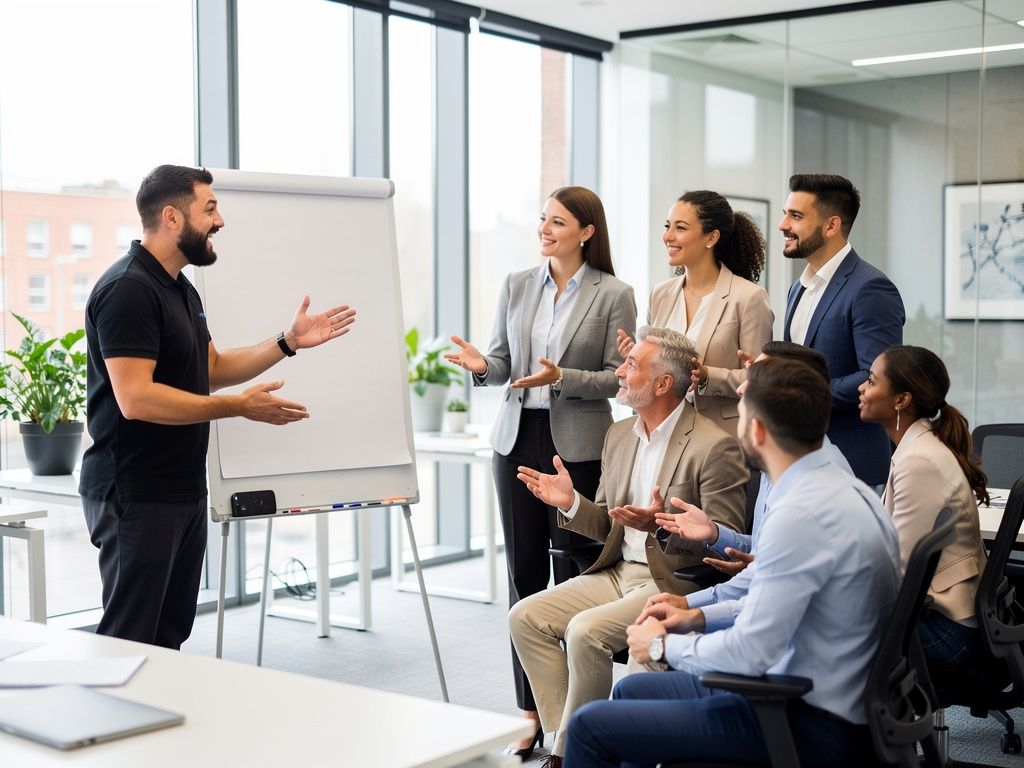 Business training group discussing time management strategies in a modern UK office